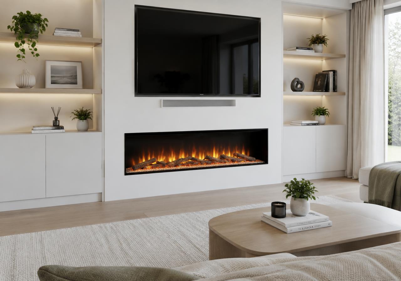 Wide inset electric fire in a media wall